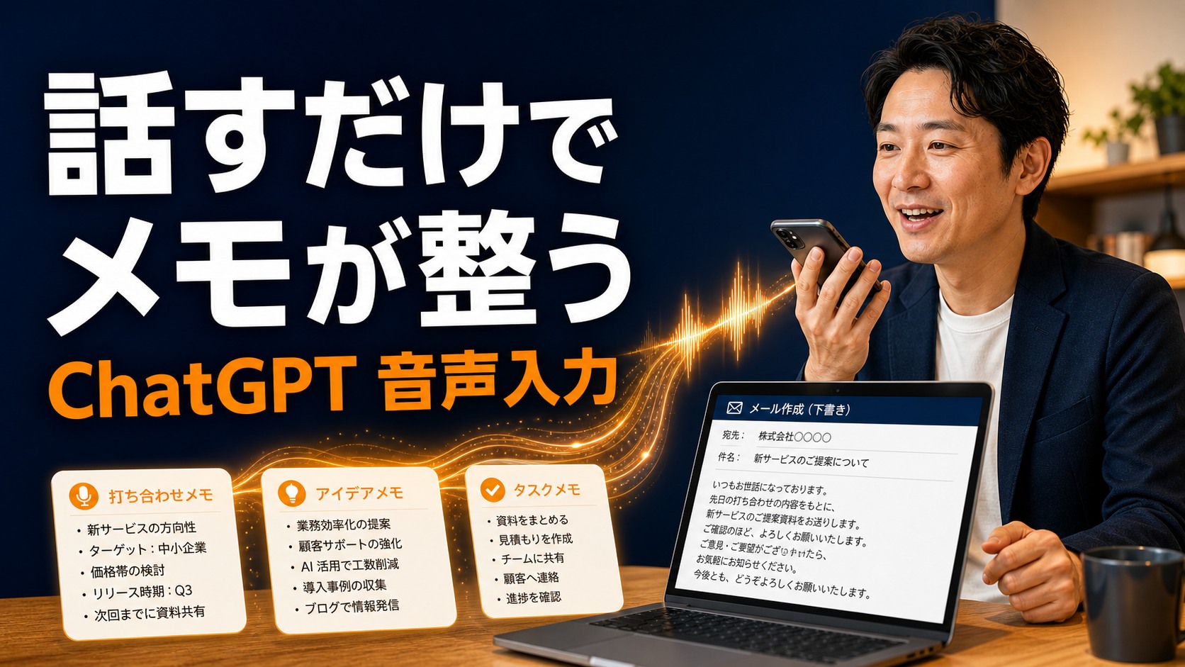 スマートフォンに話しかけながら仕事のメモを整理するChatGPT音声入力のイメージ