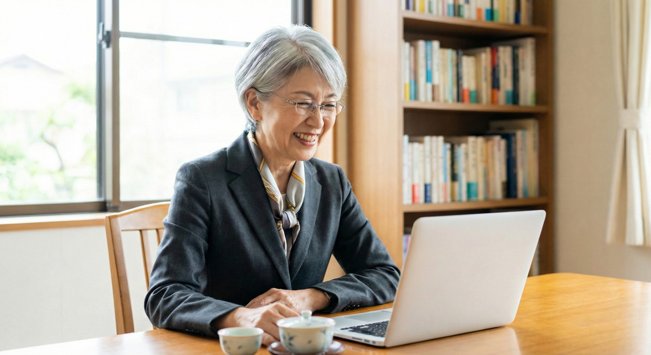 真剣な表情でパソコンに向かい、達成感に満ちたシニア女性
